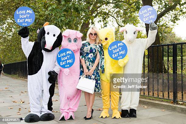 Pamela Anderson joins PETA to promote vegan food at Marble Arch on October 26, 2016 in London, England.