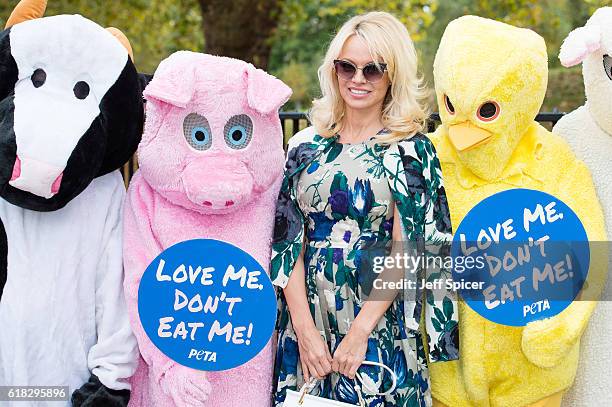 Pamela Anderson joins PETA to promote vegan food at Marble Arch on October 26, 2016 in London, England.