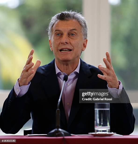 Mauricio Macri President of Argentina speaks during a press conference to announce the return of ANSES' social security funds to different provincies...