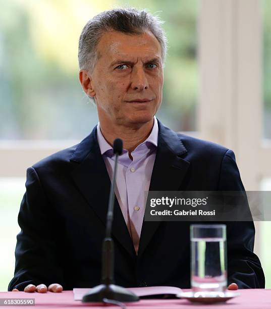 Mauricio Macri President of Argentina gestures during a press conference to announce the return of ANSES' social security funds to different...