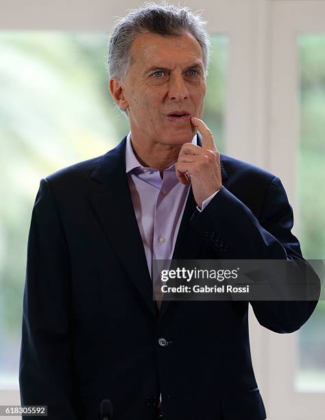 Mauricio Macri President of Argentina gestures during a press conference to announce the return of ANSES' social security funds to different...