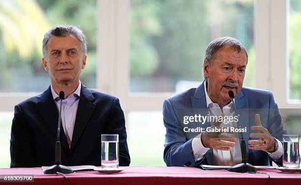 Juan Schiaretti Governor of Cordoba speaks during a press conference to announce the return of ANSES' social security funds to different provincies...