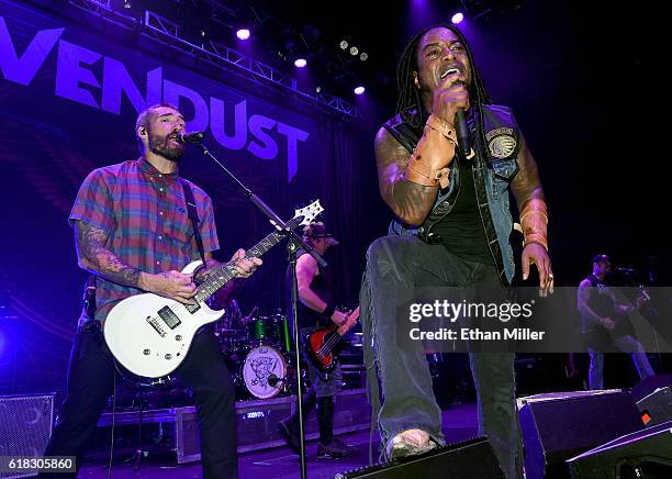 Guitarist Clint Lowery and singer Lajon Witherspoon of Sevendust perform during a stop of the band's Kill the Flaw tour at Brooklyn Bowl Las Vegas at...