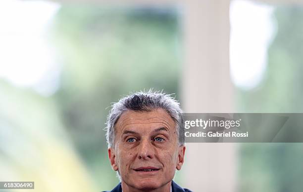 Mauricio Macri President of Argentina talks during a press conference to announce the return of ANSES' social security funds to different provincies...