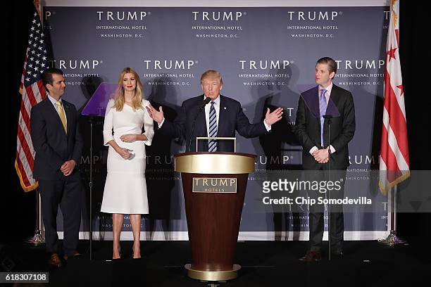 Republican presidential nominee Donald Trump delivers remarks with his children Donald Trump Jr., Ivanka Trump and Eric Trump during the grand...