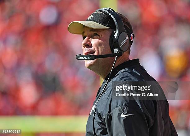 Head coach Sean Payton of the New Orleans Saints looks on against the Kansas City Chiefs during the second half on October 23, 2016 at Arrowhead...