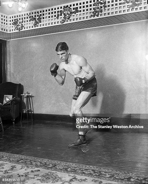 Young Stribling attempting a comeback as a light heavyweight is shown training at Newark, New Jersey, on April 27 in preparation for his fight with...