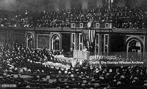 President Woodrow Wilson asks Congress to send U.S. Troops into battle against Germany in World War I, in his address to Congress in Washington D.C....