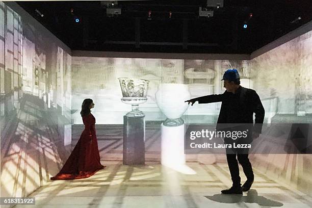 Actress Chiara Martini and Director of the Theatrical Academy in Florence Pietro Bartolini perform on stage during a rehearsal at the 3D theatre at...