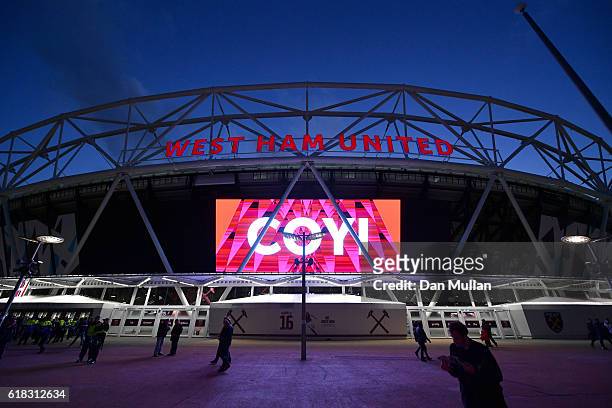 The LED board shows a message of surpport for the West Ham team prior to kick off during the EFL Cup fourth round match between West Ham United and...