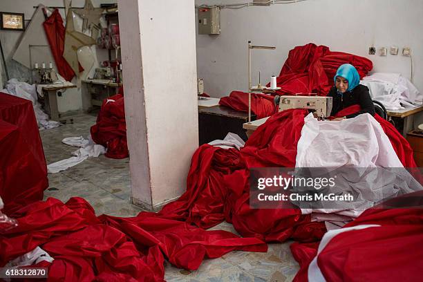 Sabah Gul Hisir works on completing a large Turkish National flag at her family owned workshop on October 26, 2016 in Istanbul, Turkey. Sales of the...