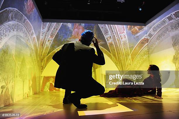 Actress Chiara Martini and Director of the Theatrical Academy in Florence Pietro Bartolini performs on stage during a rehearsal at the 3D theatre at...