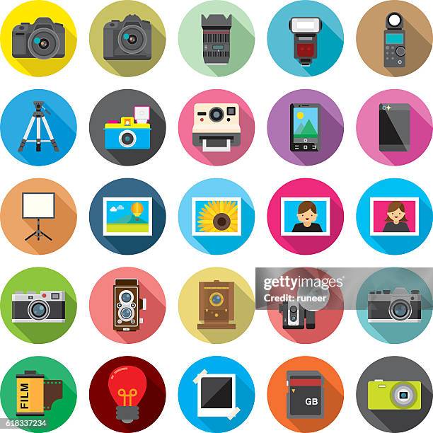 set of 25 flat camera & photography icons (kalaful series) - photographing stock illustrations