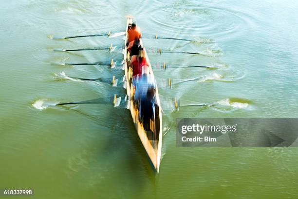 teamwork, motion blurred rowers in rowing boat training on river - crew rowing stock pictures, royalty-free photos & images