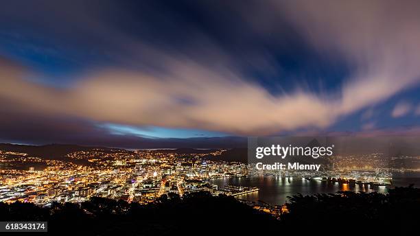 aerial view wellington city new zealand at night - new zealand city stock pictures, royalty-free photos & images