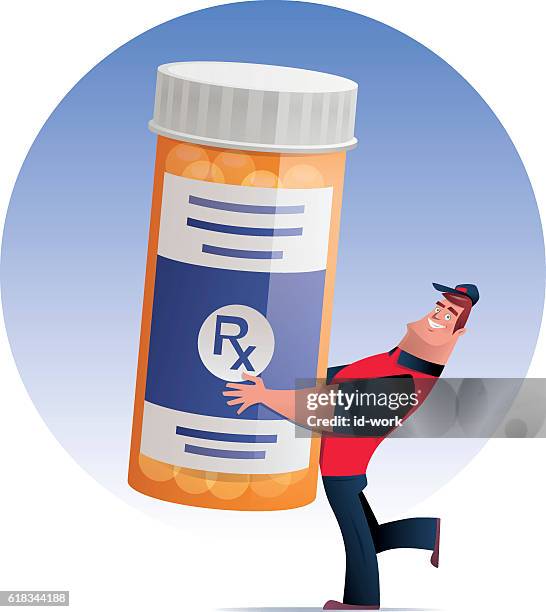 man delivering pill bottle - rx bottle stock illustrations