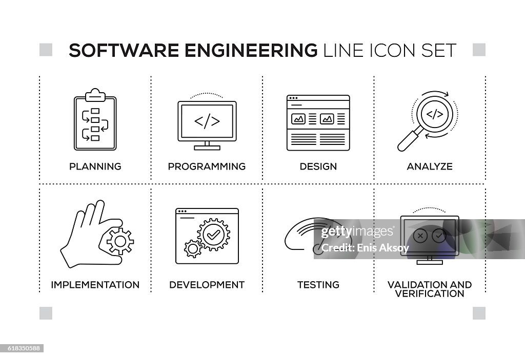 Software Engineering keywords with monochrome line icons