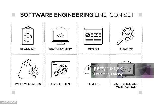 software engineering keywords with monochrome line icons - development stock illustrations