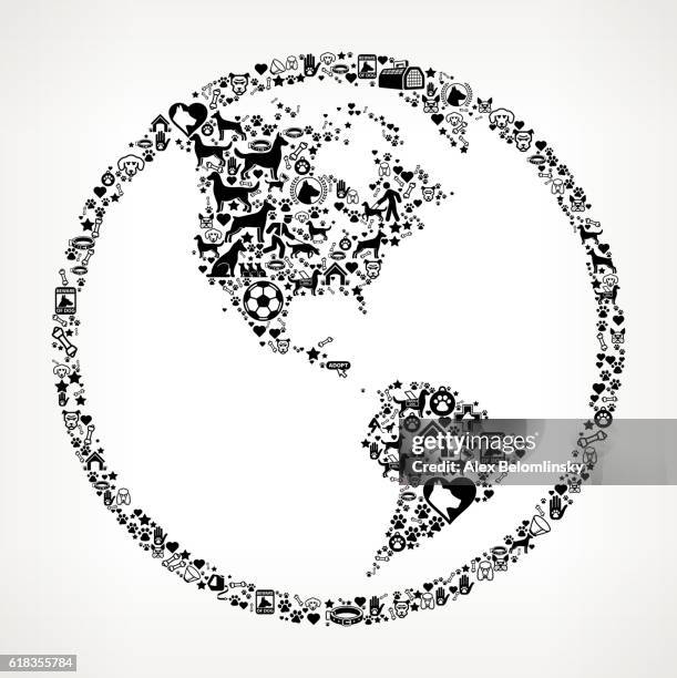 globe dog and canine pet black icon pattern - catching ball stock illustrations