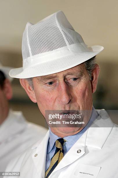 Prince Charles, Prince of Wales in food hygiene protective clothing for a visit to Matthew Walker Christmas Pudding Factory. | Location: Heanor,...