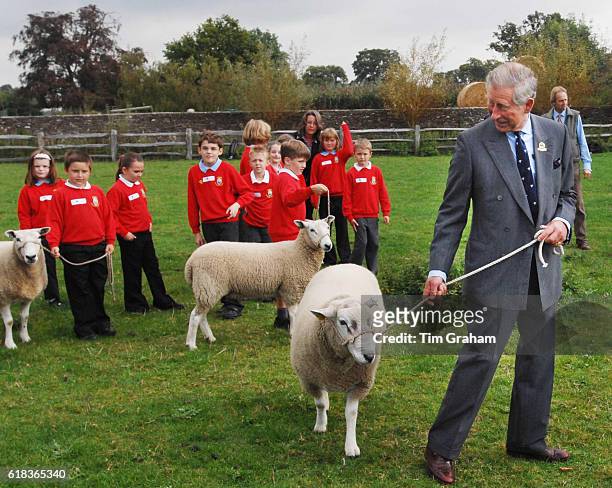 Pupils from Avening Primary School watch as the Prince of Wales leads a sheep around Home Farm where Prince Charles launched the Year of Food and...