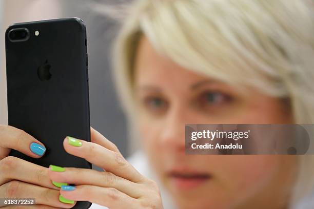 An Apple phone is seen at a shop after Apple launched iPhone 7 and 7 plus in Moscow, Russia on October 26, 2016.