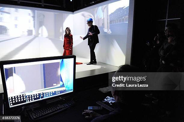 Actress, Director and robotics researchers work together during a rehearsal at the 3D theatre at Perceptual Robotics Laboratory of Scuola Superiore...