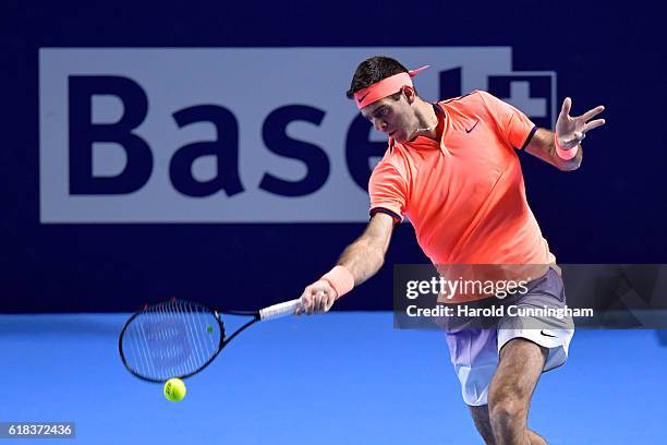 Juan Martin Del Potro of Argentina in action during the Swiss Indoors ATP 500 tennis tournament match against Robin Haase of the Netherlands at St...