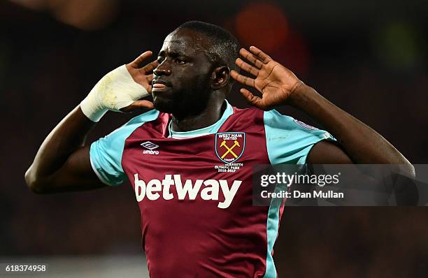 Cheikhou Kouyate of West Ham United celebrates scoring his sides first goal during the EFL Cup fourth round match between West Ham United and Chelsea...