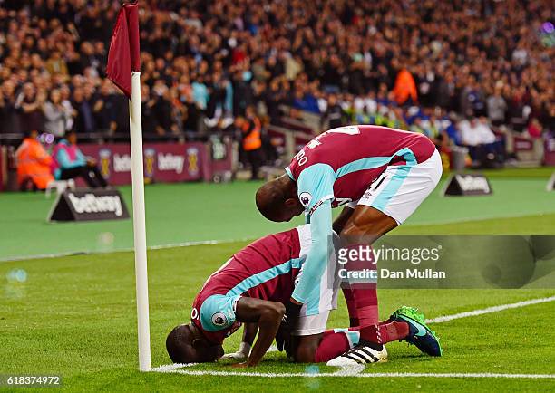Cheikhou Kouyate of West Ham United celebrates scoring his sides first goal during the EFL Cup fourth round match between West Ham United and Chelsea...