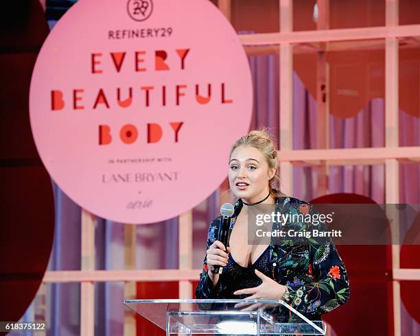 Model Iskra Lawrence speaks on stage during the Refinery29's Every Beautiful Body Symposium at Brookfield Place on October 26, 2016 in New York City.