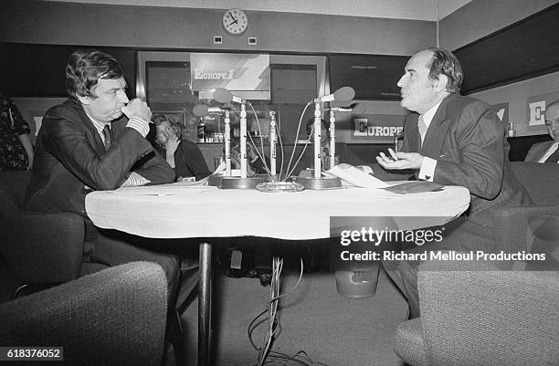 Etienne Mourgeotte , journalist for the radio station Europe 1, interviews Parti Socialiste leader Francois Mitterrand. Mitterrand would be elected...