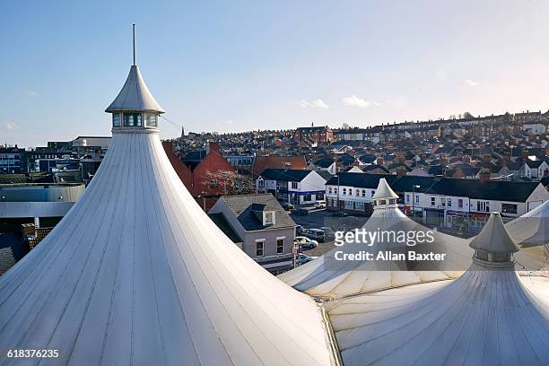 aerial view of swindon's tented market - swindon wiltshire stock pictures, royalty-free photos & images
