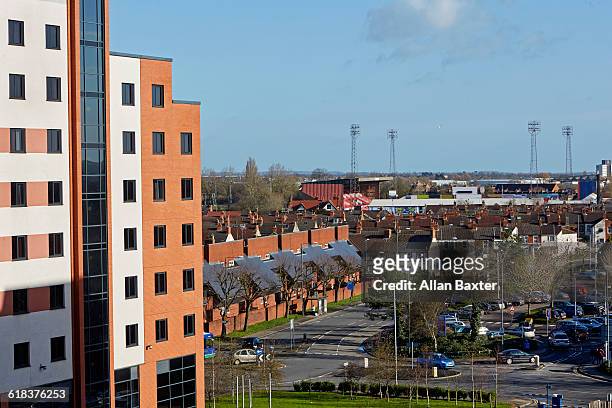 aerial cityscape of swindon's county ground - wiltshire stock pictures, royalty-free photos & images