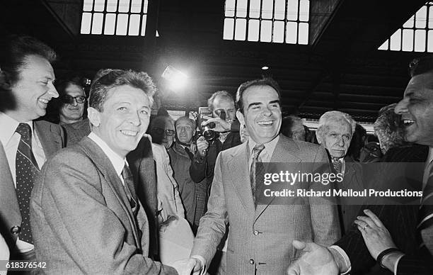 Enrico Berlinguer, Secretary General of the Partito Comunista Italiano, and his French counterpart Georges Marchais shake hands during a meeting in...