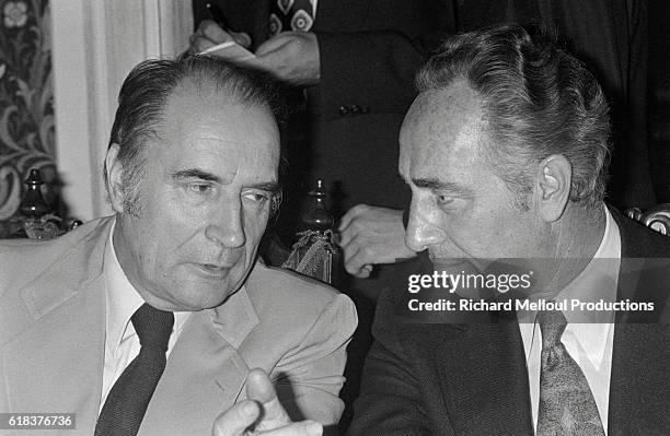 French Socialist Party First Secretary Francois Mitterand meets Israeli Minister of Defense Shimon Peres. The meeting took place during the Socialist...