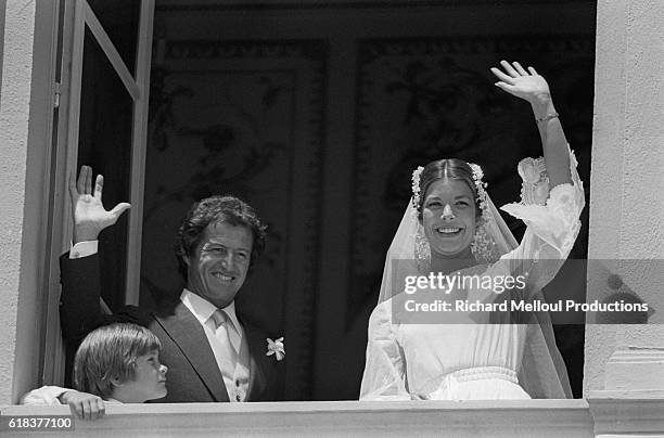 Princess Caroline of Monaco waves from a balcony after wedding French banker Philippe Junot. Their marriage is to last only two years before they...