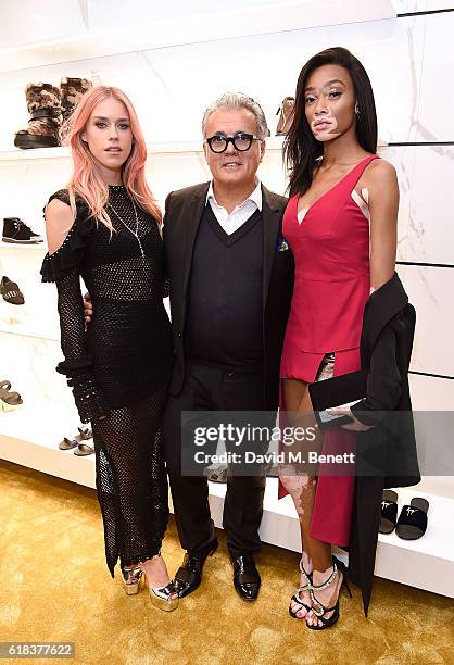 Mary Charteris, Giuseppe Zanotti and Winnie Harlow attend the Giuseppe Zanotti London flagship store launch on October 26, 2016 in London, England.