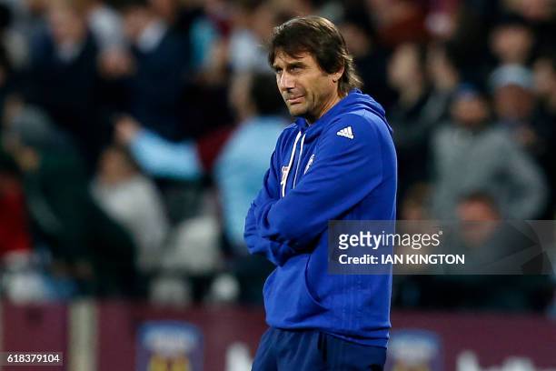 Chelsea's Italian head coach Antonio Conte gestures on the touchline during the EFL Cup fourth round match between West Ham United and Chelsea at The...