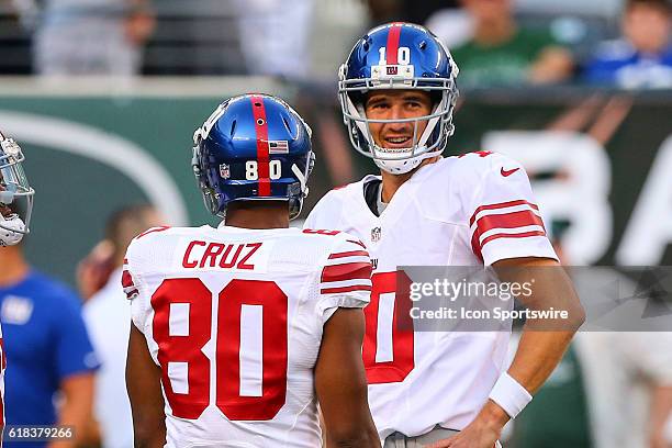 New York Giants quarterback Eli Manning and New York Giants wide receiver Victor Cruz prior to the preseason game between the New York Jets and the...