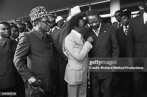African leaders dictator Mobutu Sese Seko of Zaire, Gabonese Republic President Omar Bongo, and Central African Republic President Jean-Bedel Bokassa...