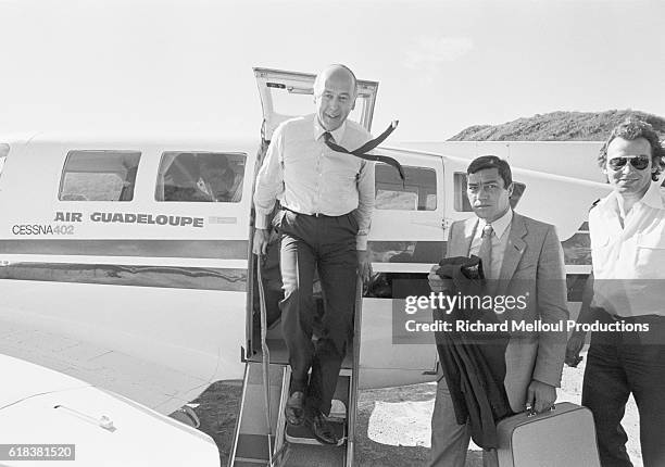 French President Valery Giscard D'Estaing exits an Air Guadeloupe Cessna 402 aircraft upon his arrival on St. Barthelemy, Guadeloupe, in the French...