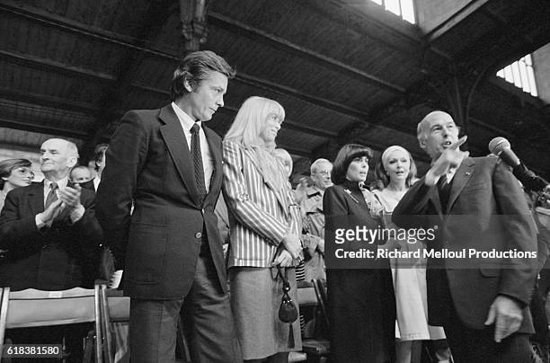 French president Valery Giscard d'Estaing is shown support by prominent French actors during a campaign rally at the Porte de Pantin Pavilion in...