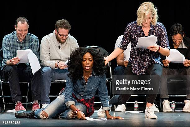 Tony Hale, Seth Rogen, Yvonne Orji, Georgia King and Danny Pudi perform on stage at Young Storytellers' 13th Annual Signature Event at The Novo by...