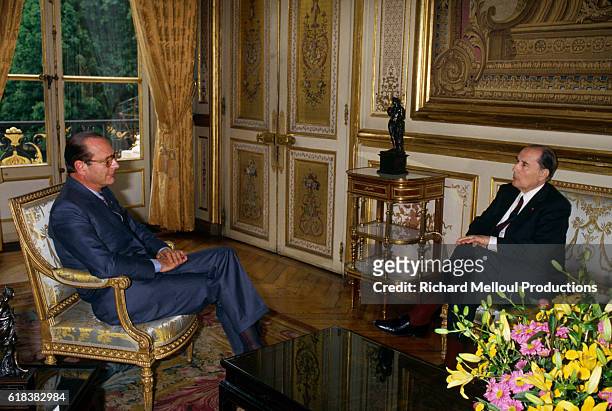 Paris mayor Jacque Chirac meets with French president Francois Mitterrand at the Palais de l'Elysee in Paris. They are preparing for the 1984 G7...