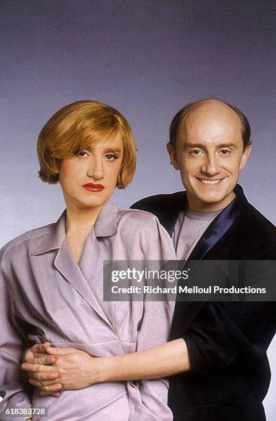 In a composite photo, French actor Michel Blanc gives his cross-dressing self a hug. Blanc is promoting his 1986 film, "Tenue de Soiree", where he...