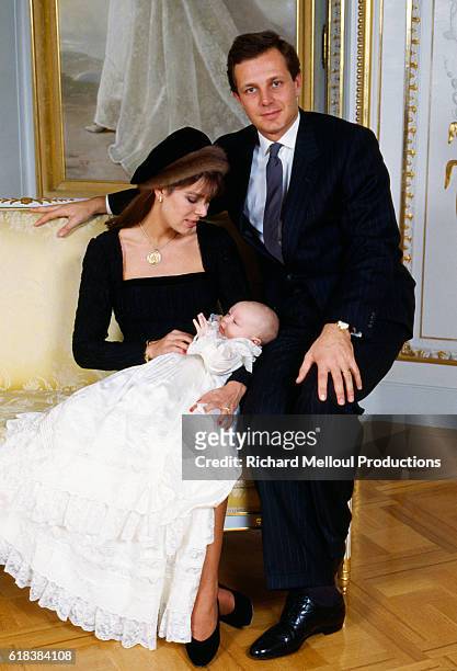 Princess Caroline of Monaco and her husband Stefano Casiraghi pose with their infant son Pierre Casiraghi on his baptism day. Pierre was the third...