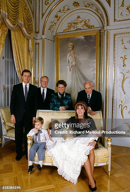 The Monaco Royal Family poses with baby Pierre Casiraghi on his baptism day. : Husband of Princess Caroline Stefano Casiraghi, his parents Mr. And...