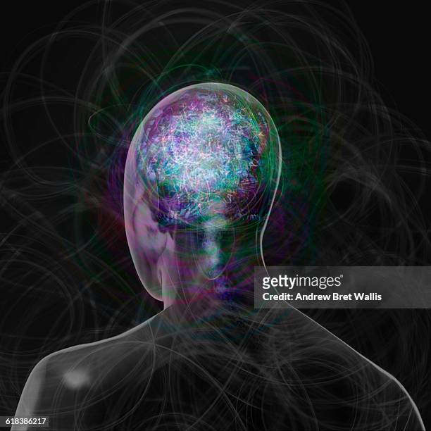 outline of a male human head shows brain activity - human representation stock illustrations