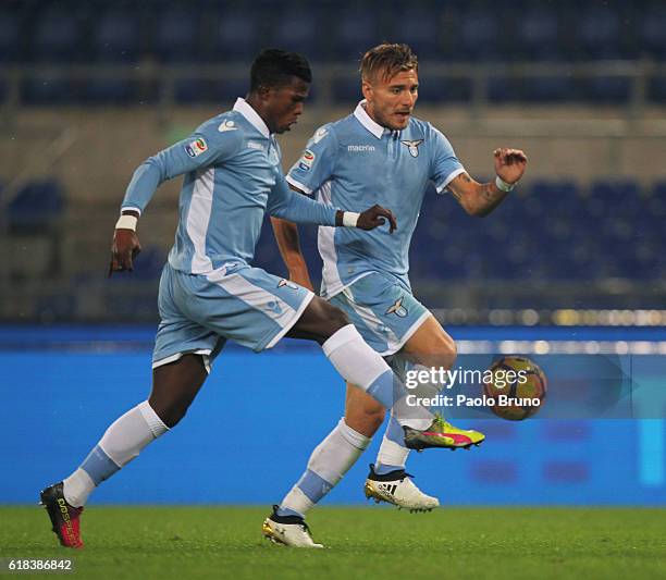 Keita Balde and Ciro Immobile of SS Lazio in action during the Serie A match between SS Lazio and Cagliari Calcio at Stadio Olimpico on October 26,...